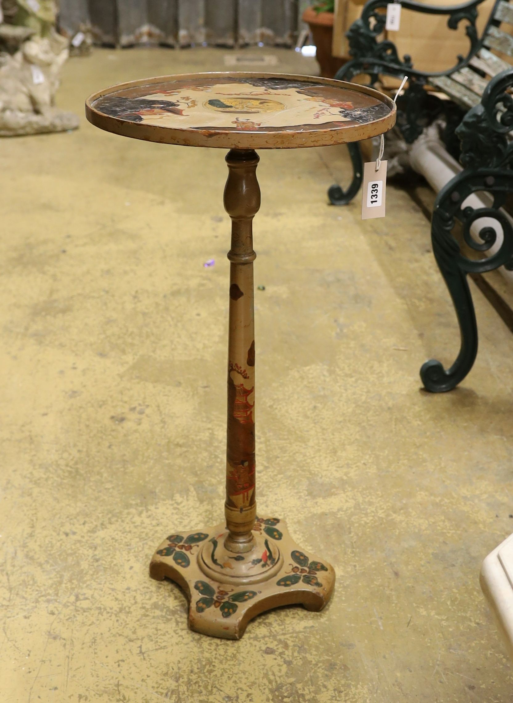 A Chinese lacquer circular wine table, diameter 36cm, height 67cm